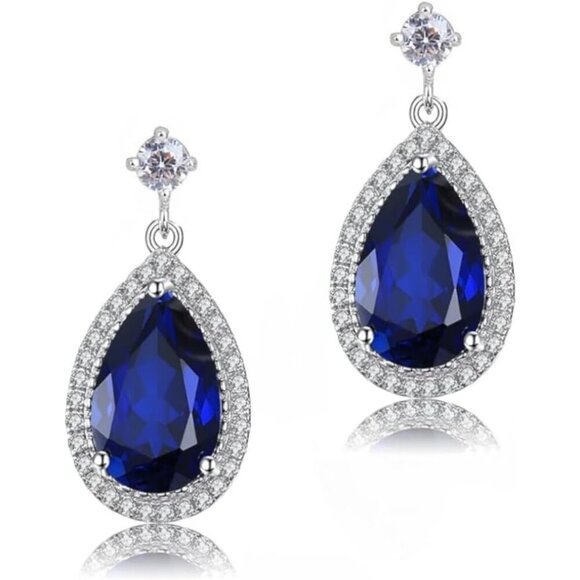Women's Silver Blue Teardrop Plated Tear Drop  Crystal Earrings with Box - Picture 1 of 5